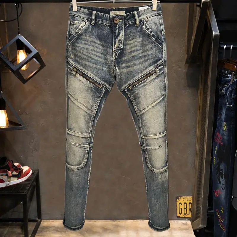 

European and American Fashion Vintage Wash Personality Splice Zipper Decoration Multi bag Elastic Motorcycle Jeans Men's Pants