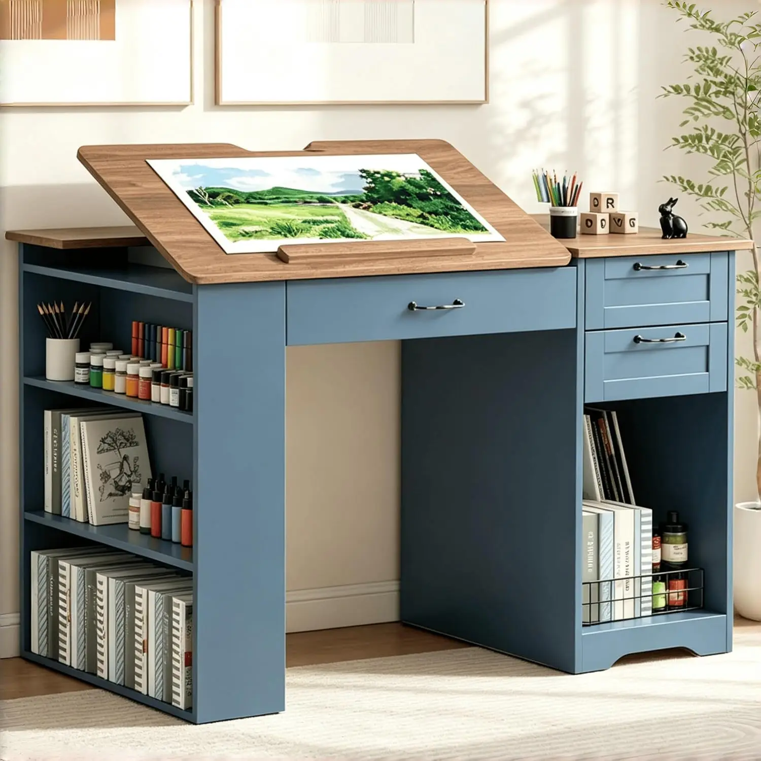 Drafting Table with Storage Cabinet & Drawers, Adjustable Drawing Desk with Open Shelves, Craft Table Painting Desk, Customized