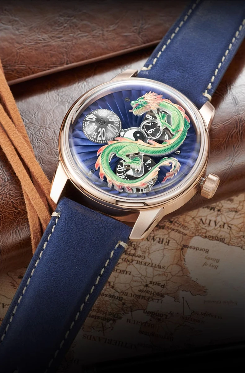 OBLVLO Men Automatic Watch 45MM Vintage Mechanical Wristwatch Luminous 30M Waterproof Dragon Dial Sapphire Mirror