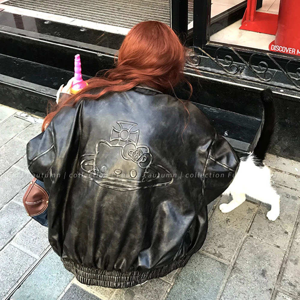 

Весенняя новинка: кожаная куртка Hello Kitty в американском стиле для модниц, высококачественная универсальная куртка Sanrio, трендовая куртка в стиле хип-хоп и готика.