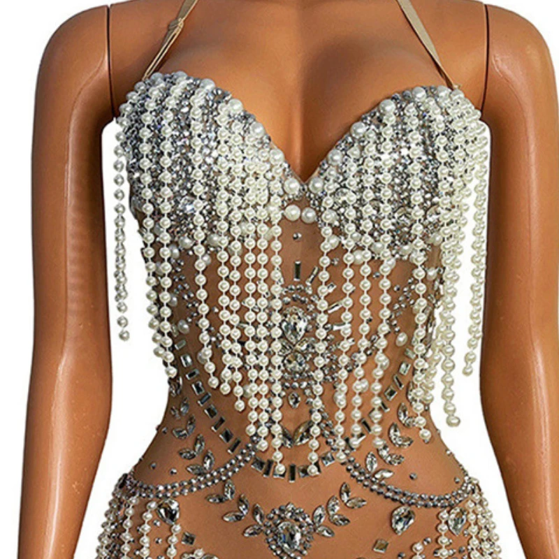 Pearl Tassel Diamond Performance Suit Swimsuit Luxury Sexy Elastic Mesh Sleeveless Sexy Solid Color Dresses for Women 2025 원피스