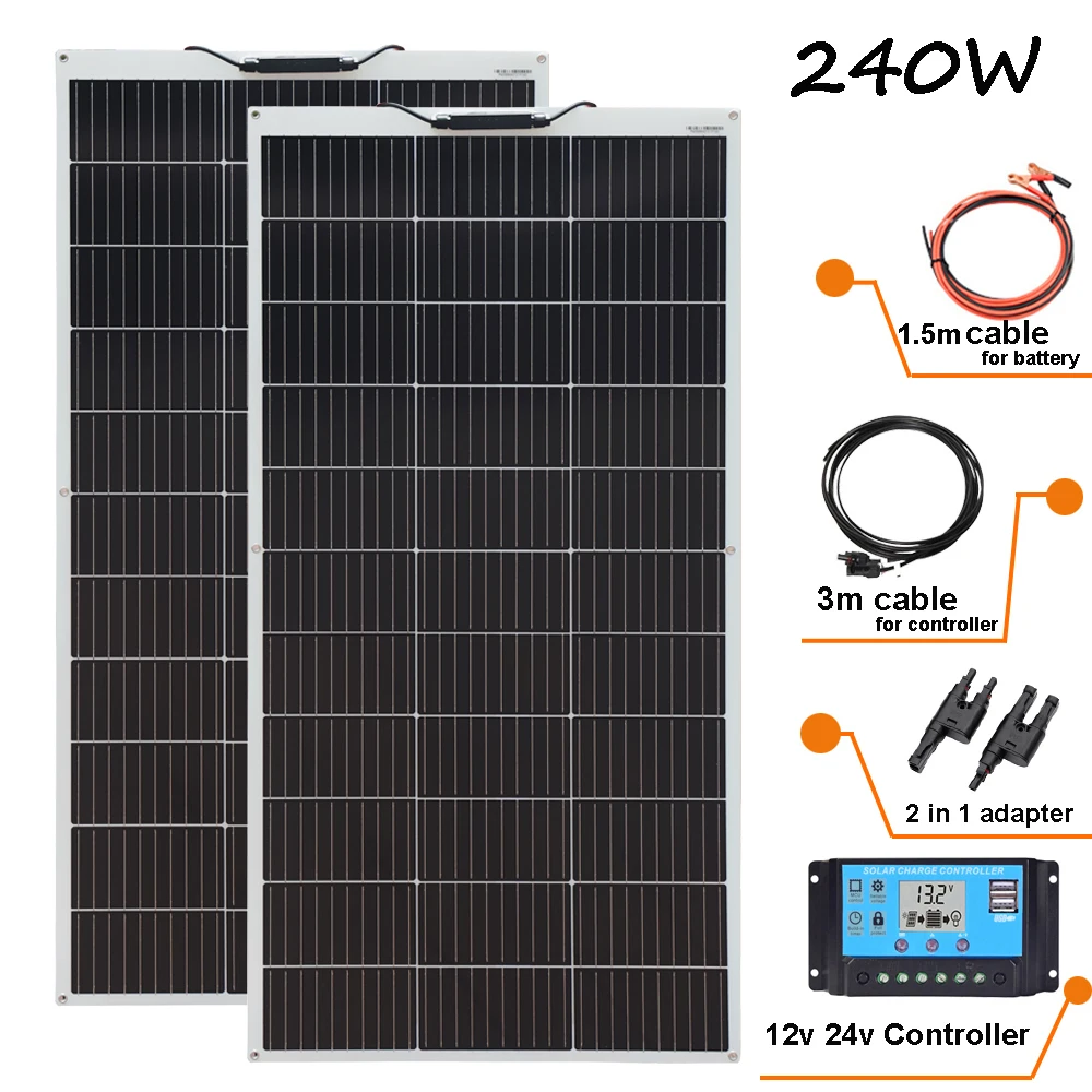 

WUZECK Solar Panel Photovoltaic Module kit Power 240W / 120W Solar Panels Camping Car Boat Outdoor Battery Powered