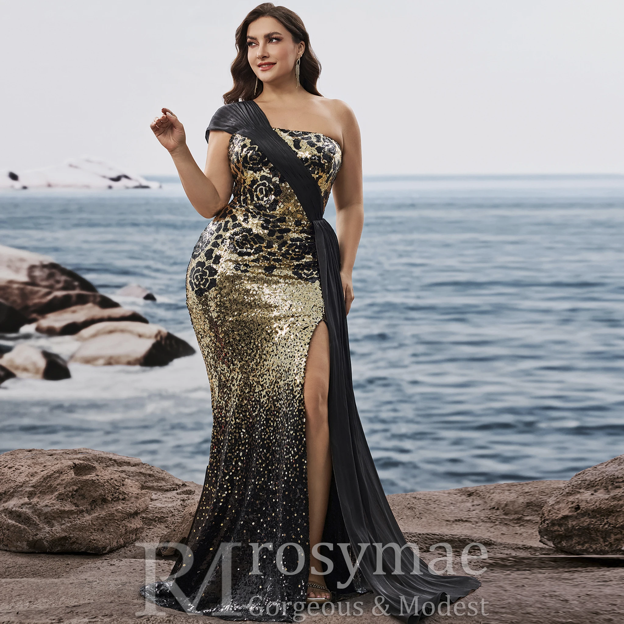 Rosymae Plus Size Elegante off-shoulder Mouwloze Avondjurken Luxe Slit Bruiloft Zeemeermin Lint Cocktailjurken
