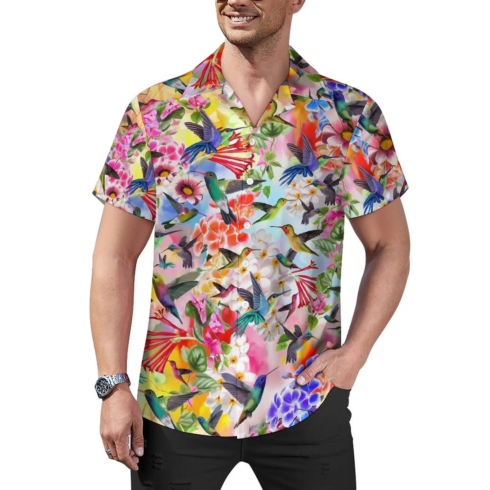 

Colorful Birds Flower Casual Shirt Bright Print Vintage Hawaiian Shirts Man Short Sleeve Beach Harajuku Graphic Oversize Blouses