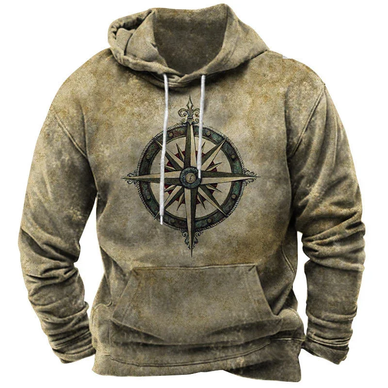 Vintage Men's Hooded Sweatshirts Compass Print Harajuku Hoodies Men Clothing Autumn Oversized Pullovers Male Daily Streetwear