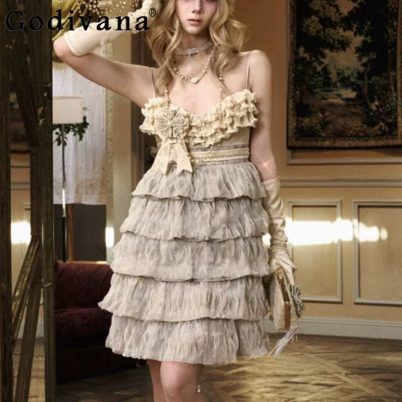 New Elegant Retro High Waist A-line Versatile Temperament Slash Neck Cake Dress Fashion Versatile Lace Dinner Suspender Dresses