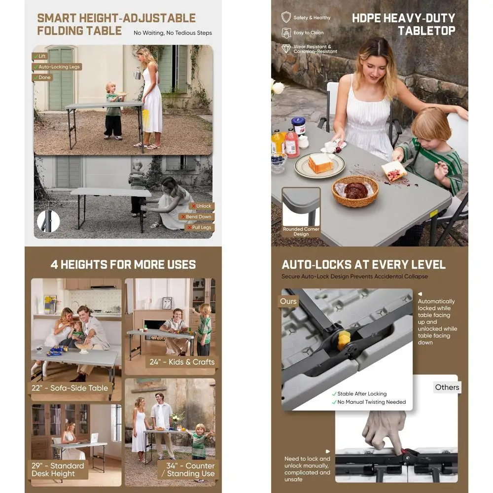

Adjustable Height Folding Card Table for Small Spaces, Ideal for Parties, Dining, Picnics, and Outdoor Activities, Grey, 1 Pack