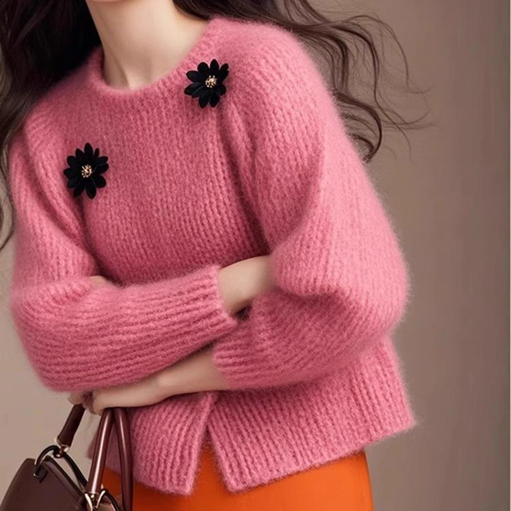 

Розовый вязаный свитер с европейской аппликацией, женский новый весенне-осенний ленивый роскошный серый пуловер, товары для тяжелой промышленности