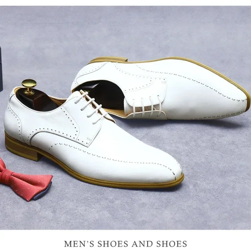 Newest Lace-up Business Office Formal Shoes Genuine Leather Italian Men Shoes White Wedding Dress Oxford Shoes