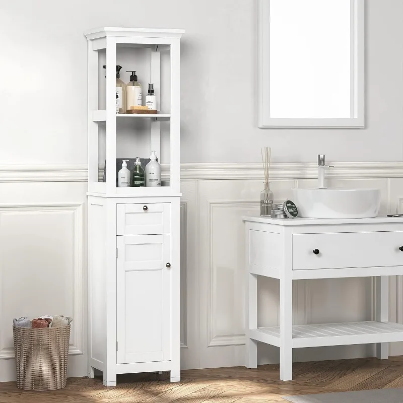 Home Bathroom Freestanding Storage Cabinet with Two Tier Open Shelves, Tall Slim Cabinet with Door and Drawer