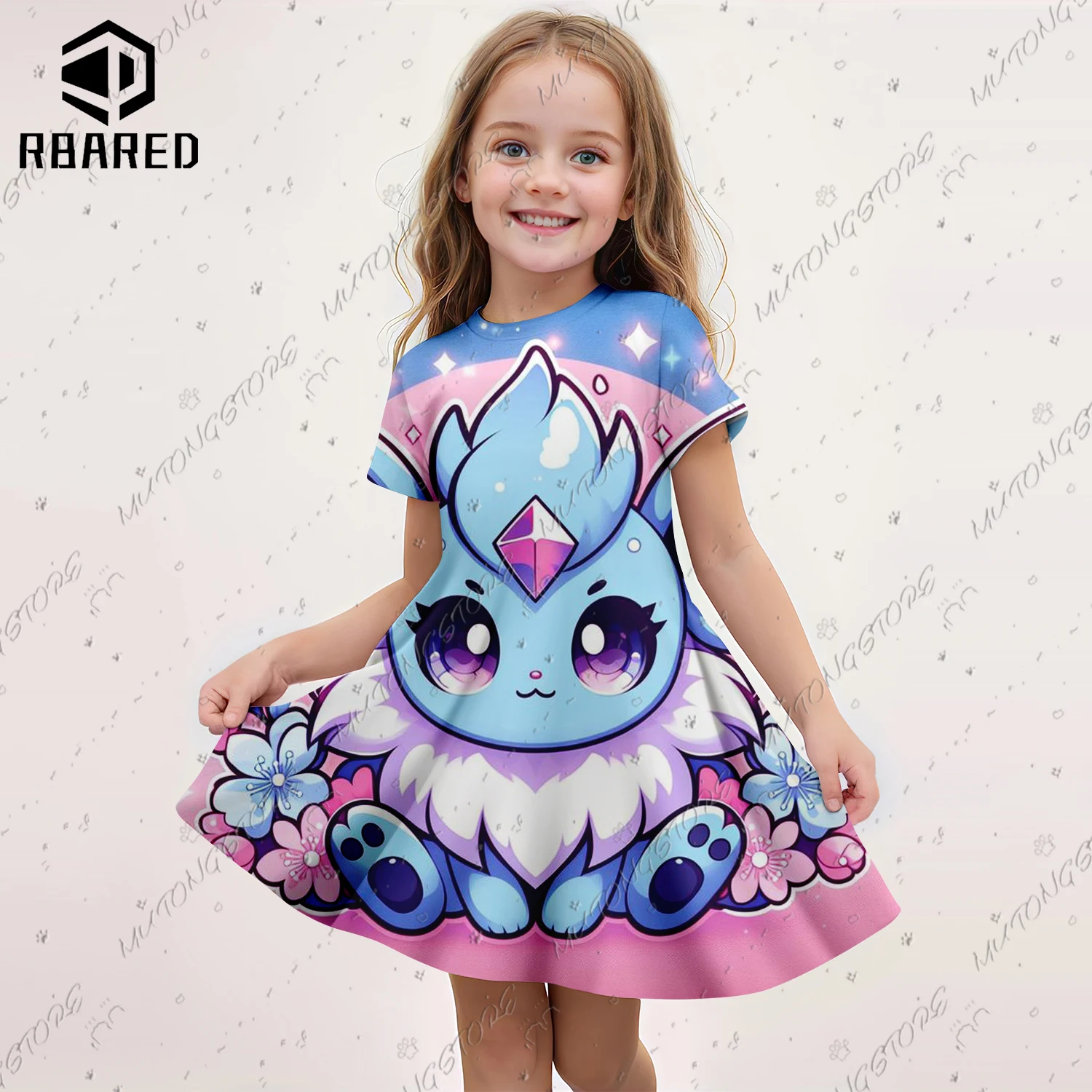 2024 Summer New Children\'s Original Short Sleeve Dress Girl 3D Pokémon Print Clothes Girls Party Clothing Kids Skirt Nightgown