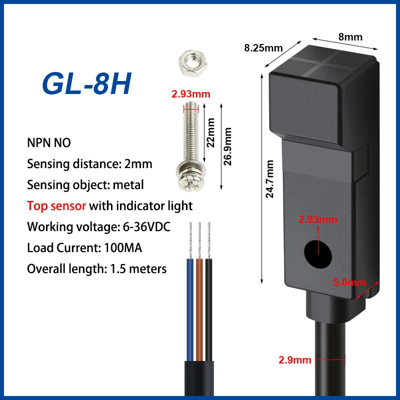 2mm Micro Small Square Proximity Switch Sensor GL-8F 8H Metal Sensor Switch 36V Three-Wire Inductive NPN PNP NO NC 6-36VDC view 5