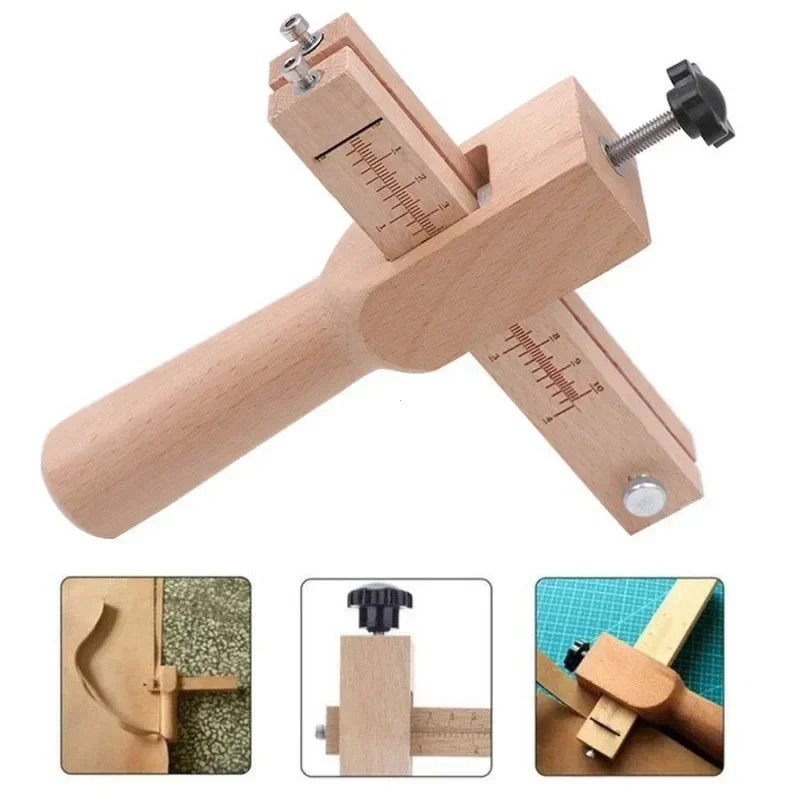 Wooden Leather Strap Cutter Adjustable Strip Belt Precise Cutting Tool with 5 Sharp Blades for Leathercraft Handmade DIY Work