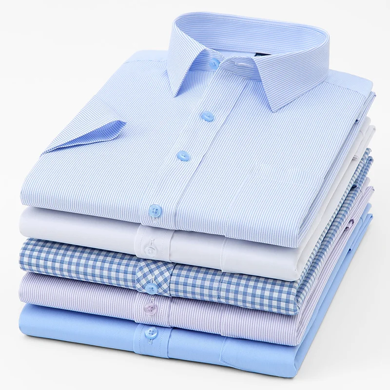 Bamboo fiber summer thin plaid short sleeve shirts for man slim fit formal plain shirt single pocket soft striped office clothes