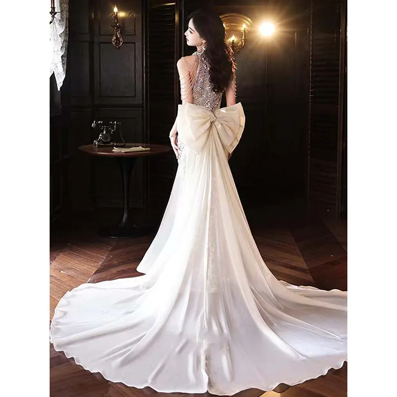 

Hanging Neck Sequins Sexy Fringed Fishtail Skirt 2025 New Bow Small Tail Sleeveless Formal Dress Women Elegant Party Dresses