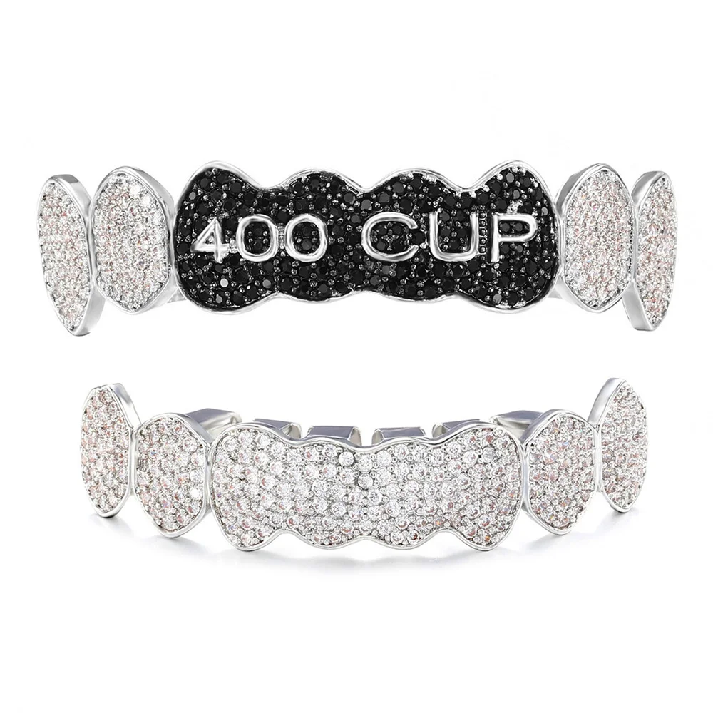 Hip Hop Full Bling CZ Teeth Grillz Caps Brass Cubic Zircon Iced Out Charm Grills For Men Women Jewelry Xmas Gift