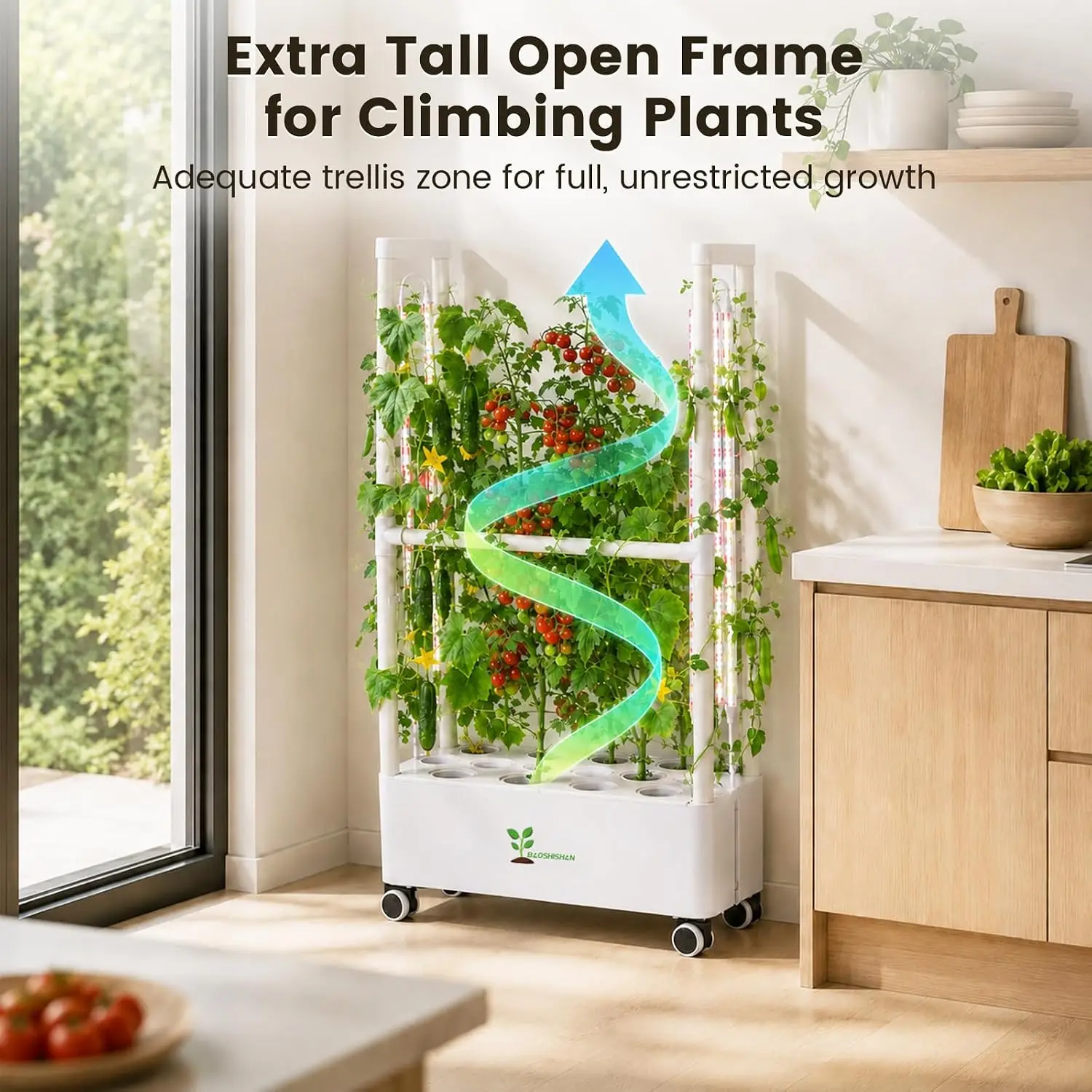28 Pods Tall Hydroponics Growing System Climbing Plants Open Frame Tomatoes Cucumbers Dual Mount Full Spectrum LED 21L 2 Week Ta