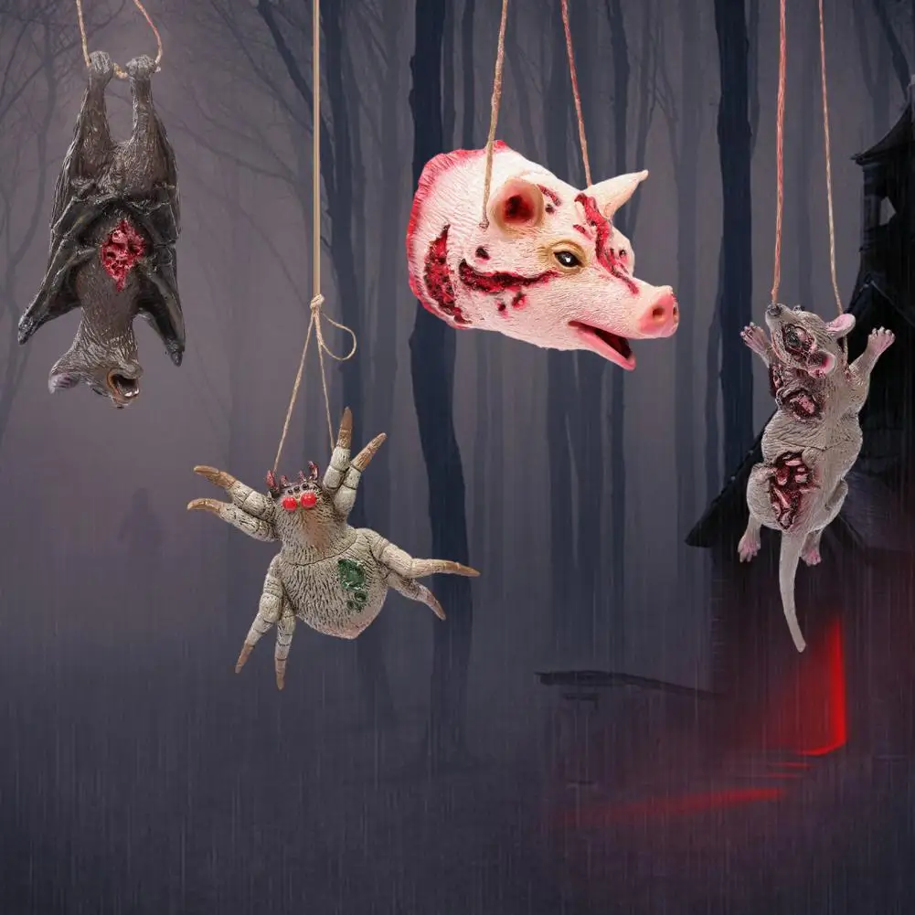 Halloween Spooky Animal Hanging Decor Realistic Creepy Hanging Rat Pig Head Spider Bat Decoration Haunted House Prop Home Decor