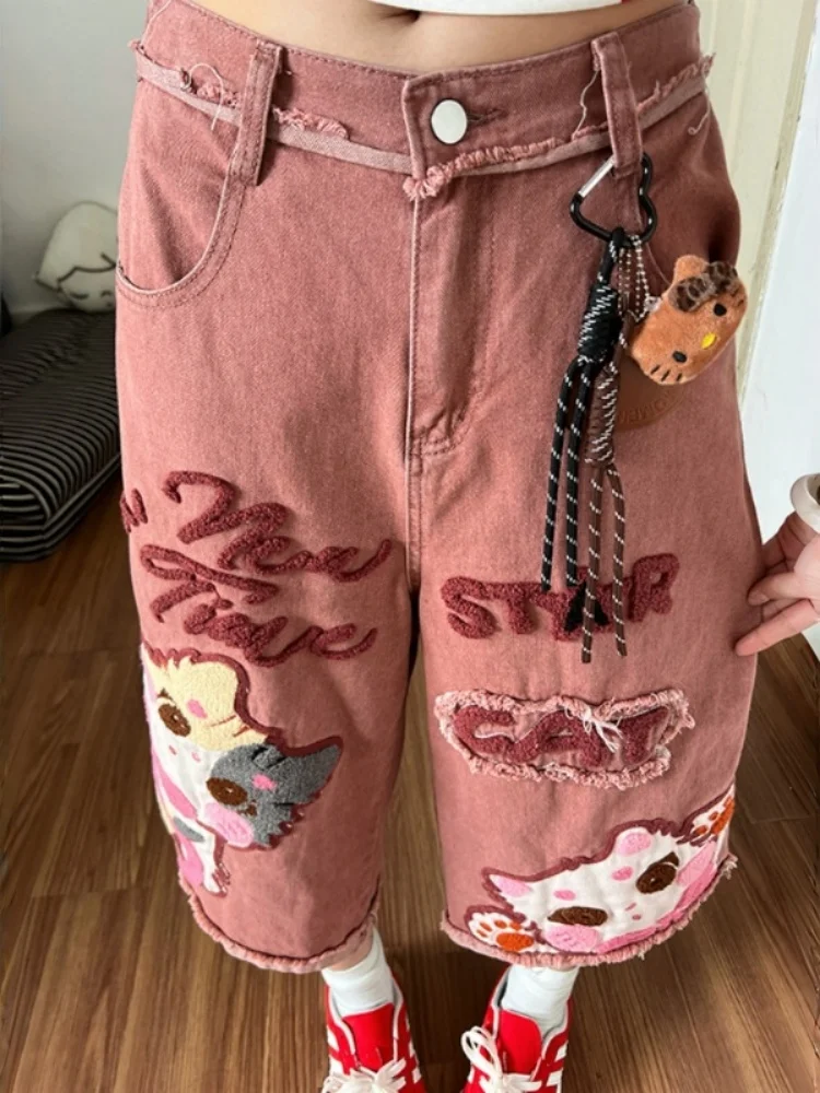 Retro American Cartoon Embroidery Wide Leg Jeans Women's 7/8 Length Casual Loose Fit Summer Denim Pants mid Waist