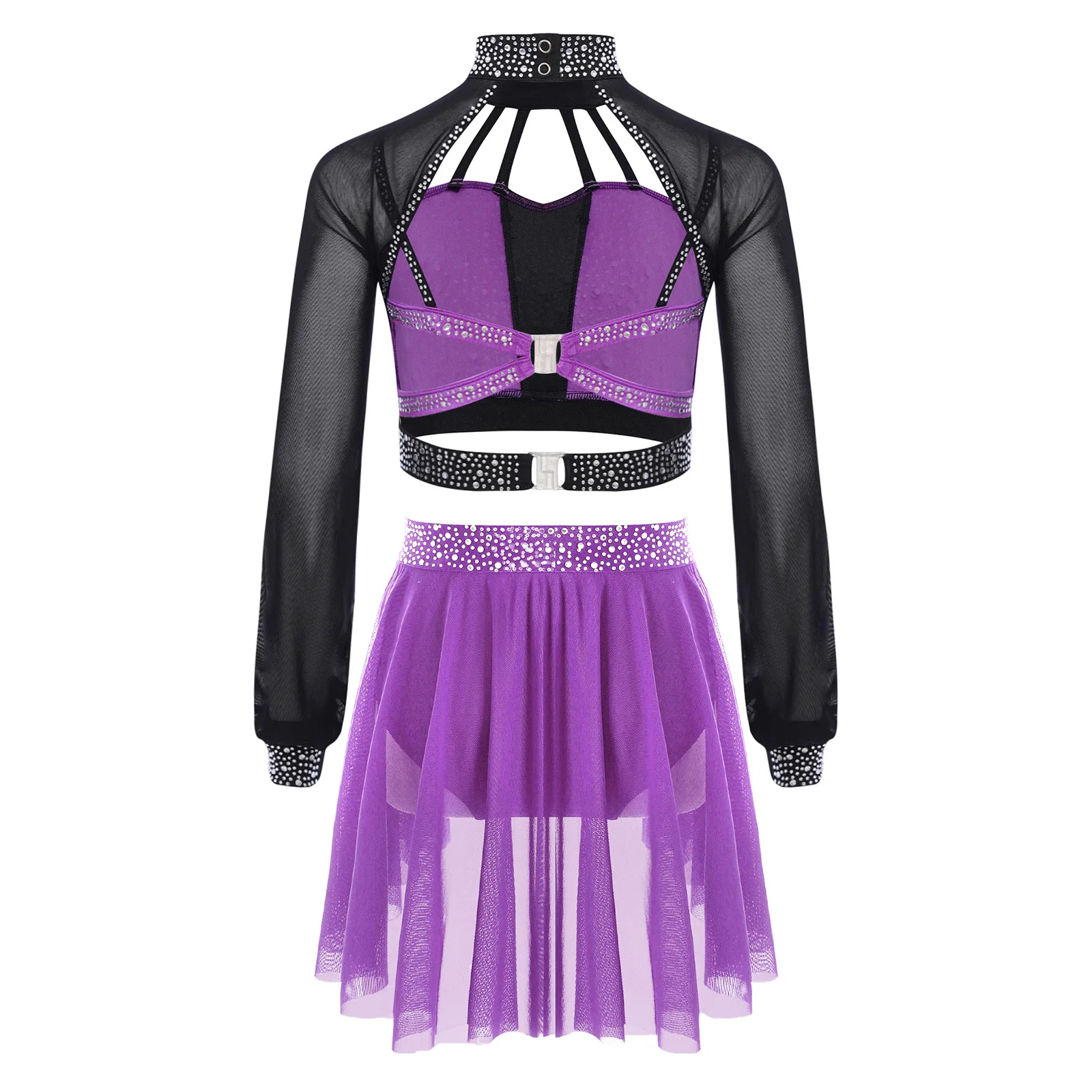 طقم ملابس رقص للتزلج على الجليد للأطفال البنات بأكمام طويلة وأحجار الراين اللامعة مع تنورة شبكية مكشكشة #2