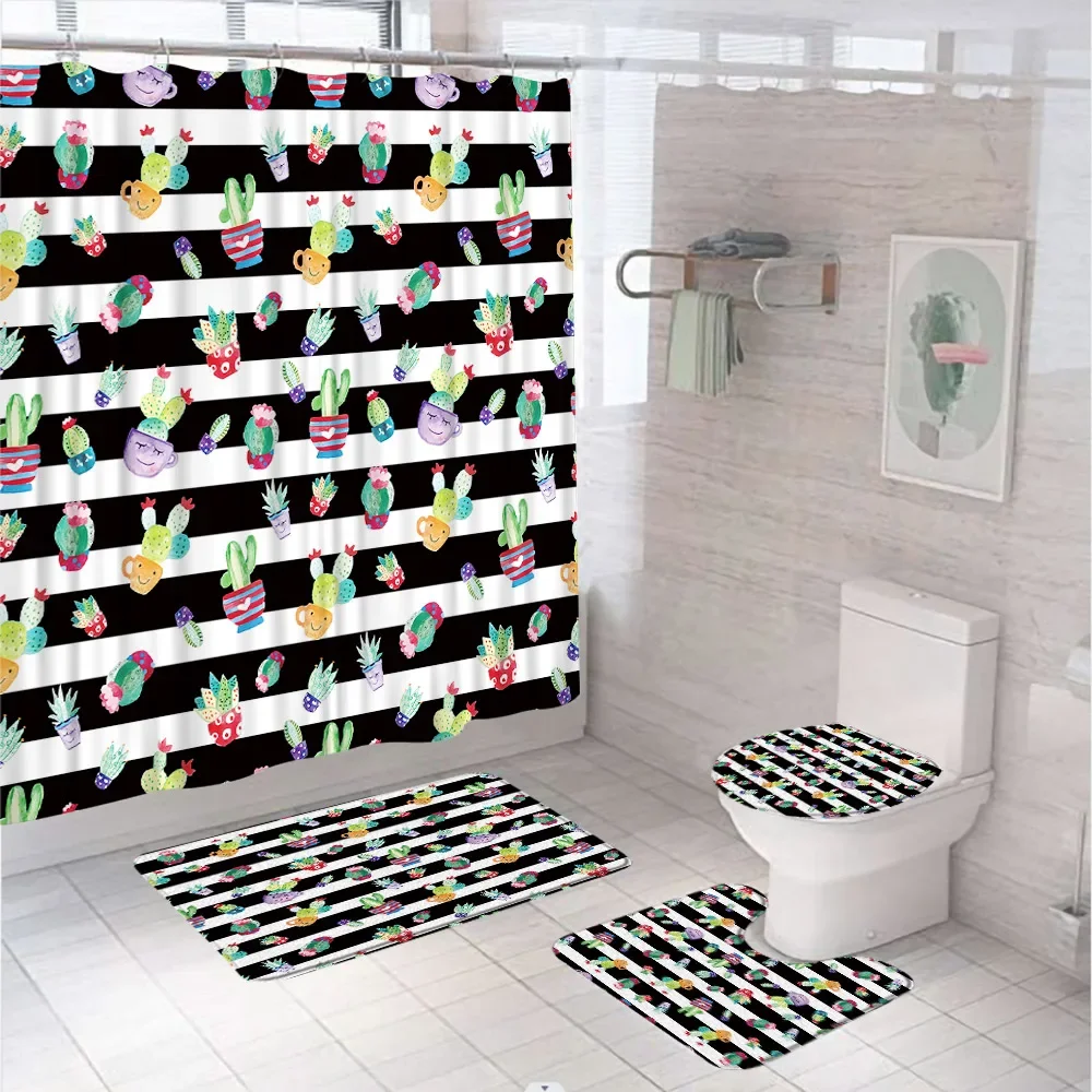 Cute Cactus Potted Plant Shower Curtain Sets Non-Slip Rugs Bath Mats Toilet Cover Black White Stripe Geometric Bathroom Curtains