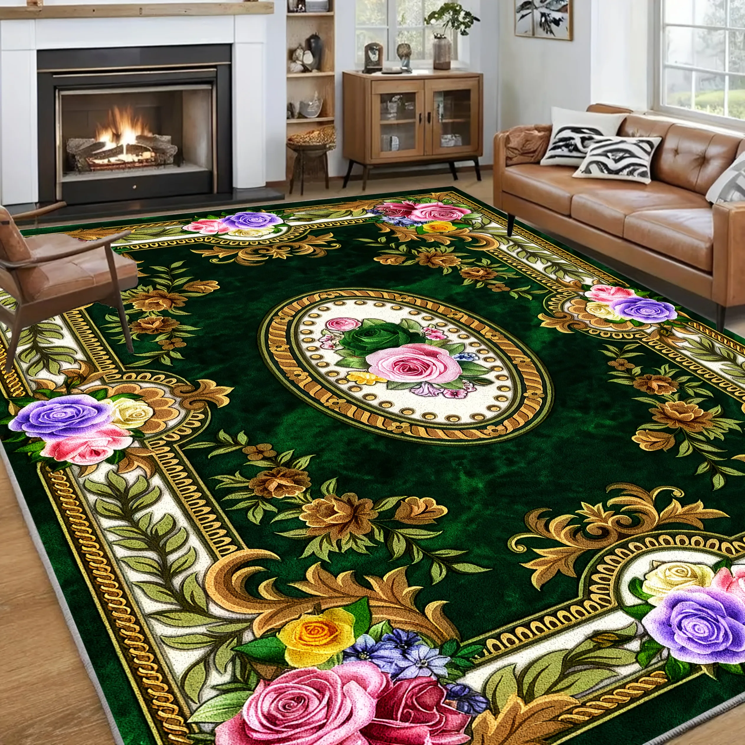 Luxurious Vintage-Style European Floral Area Rug Featuring Classic Rose Motifs on a Deep Green Background; Suitable for Living Rooms and Bedrooms
