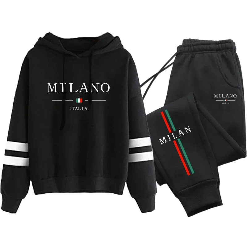 Italy Milan Women's Tracksuit Hooded Sweatshirts and Black Sweatpants High Grade Ladies Casual Sports Outfits Fashion Streetwear