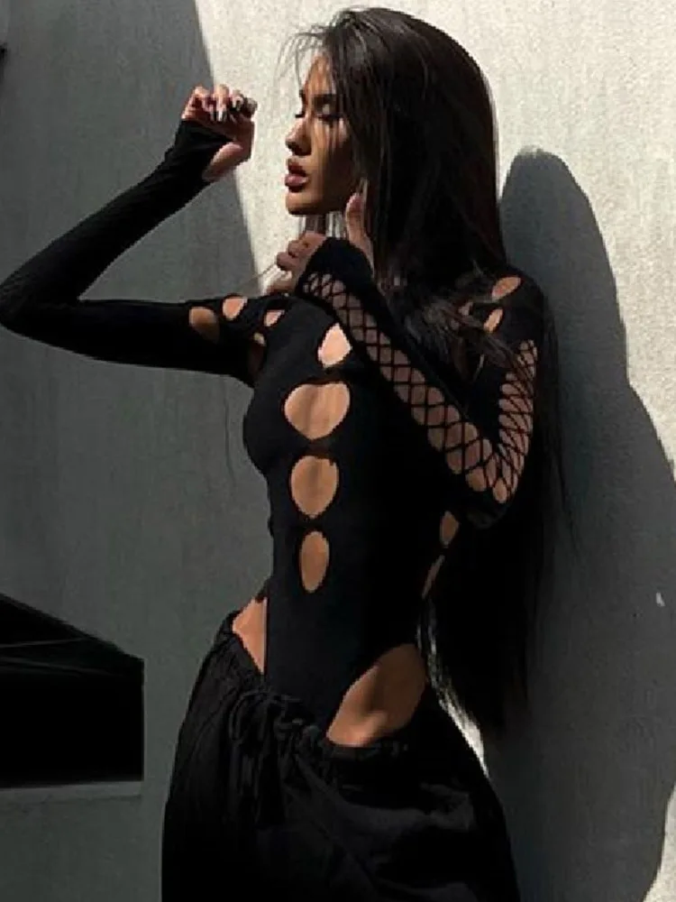 Sexy Dot Hollow Out Bodysuit Y2K Gothic Punk Long Sleeves Bodycon T-shirt Women Autumn Streetwear Slim Bodice Bodysuits