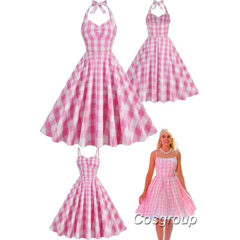 Margot Cosplay Fantasia Cute Pink Plaid Mid Dress 2023 Movie Barbei Costume Fantasy High Waist Large Swing Dress Halloween