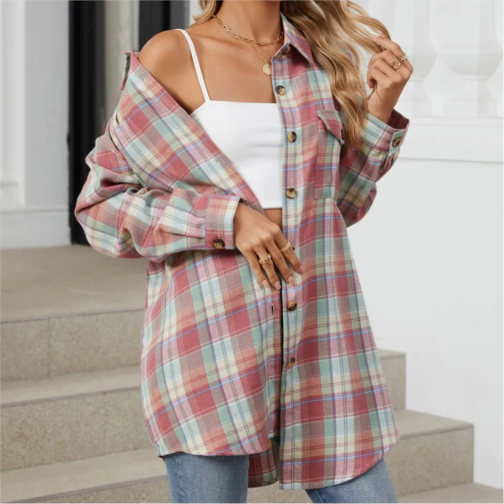 Loose Pocket Patchwork Single Breasted Cardigan Shirt For Women 2024 Autumn/winter Checkered Shirt Brushed Long Sleeved Blouses