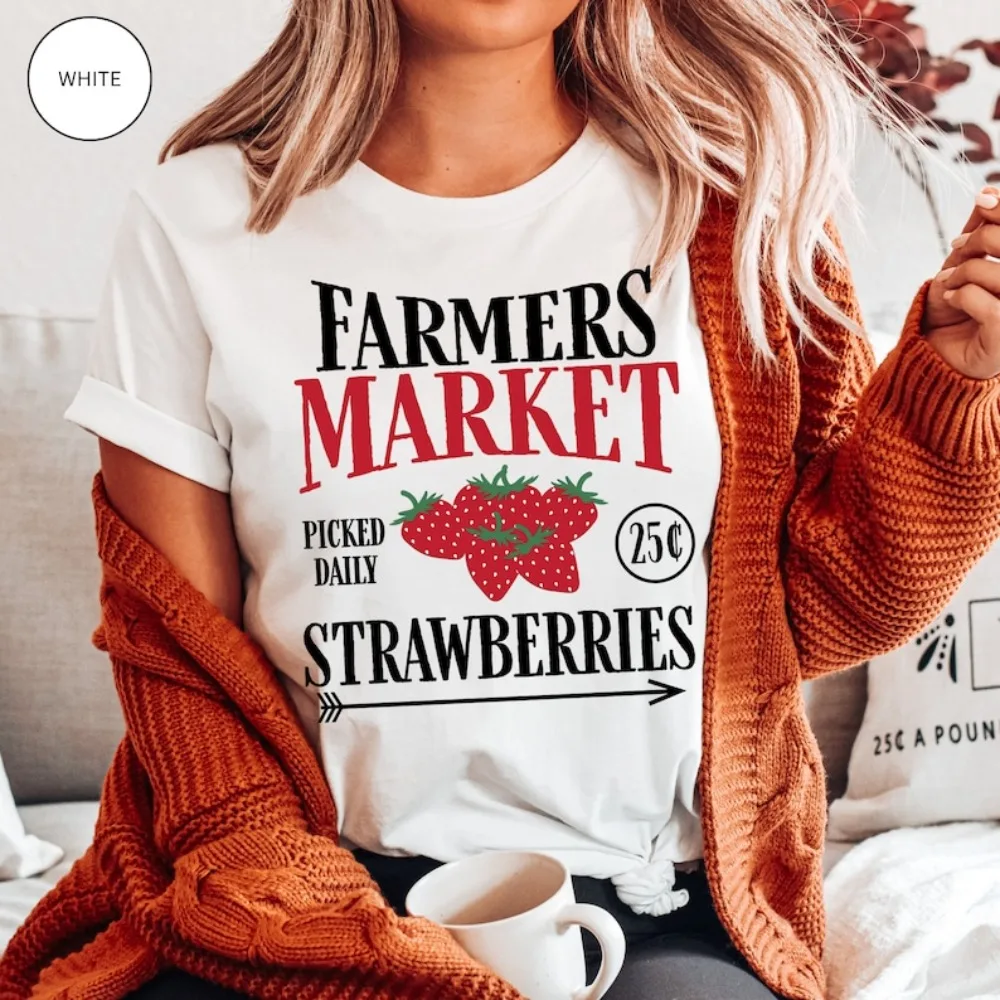 Strawberries Cotton T-Shirt Farmers Market Tees Support Local Farmers Shirt Strawberry Retro Graphic Cute Summer Unisex TShirt