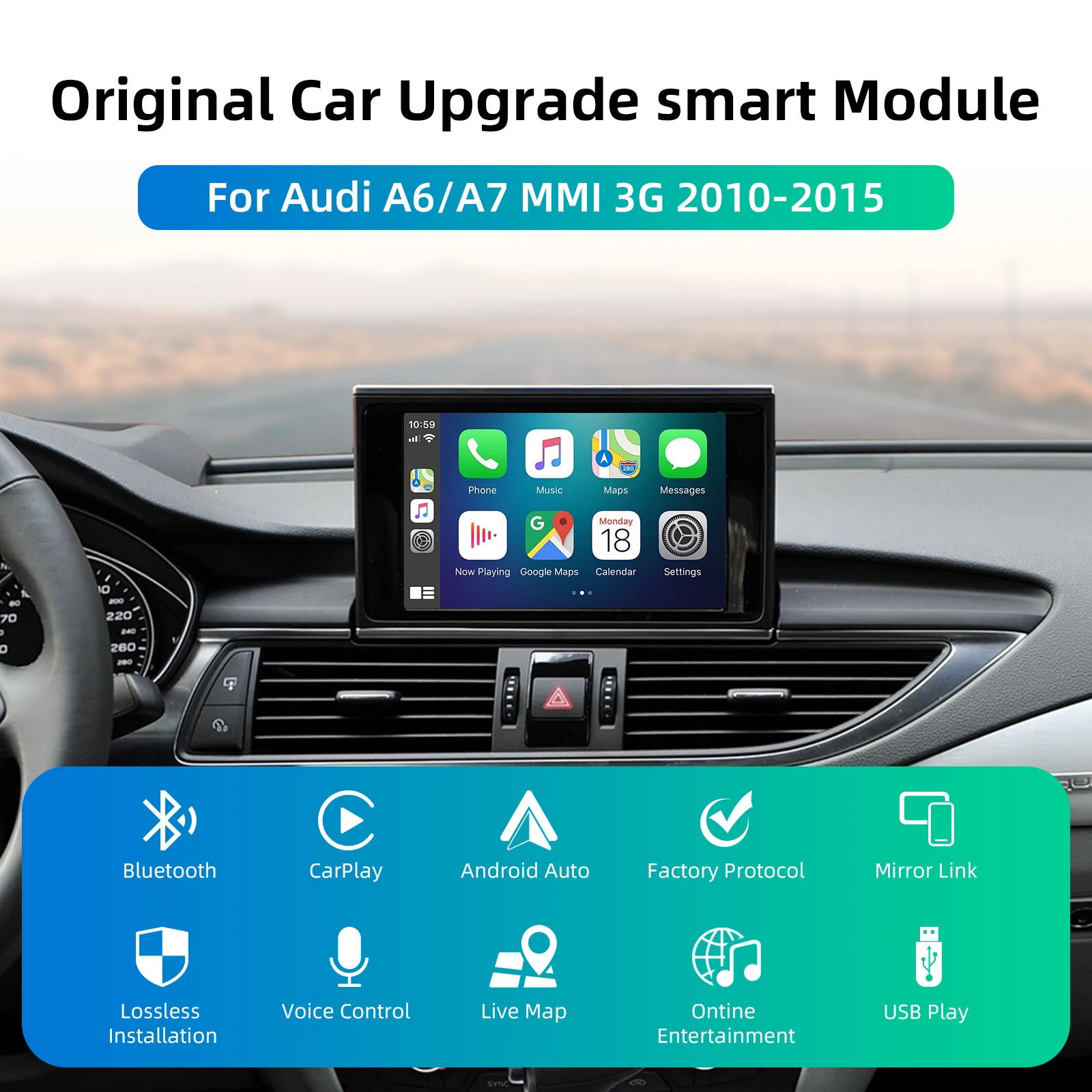 Wireless CarPlay Android Auto Retrofit Decoder Box Kit for Audi A6 A7 2010-2015 MMI 3G System 6.5/7 Inch Screen Upgrade OEM Feel