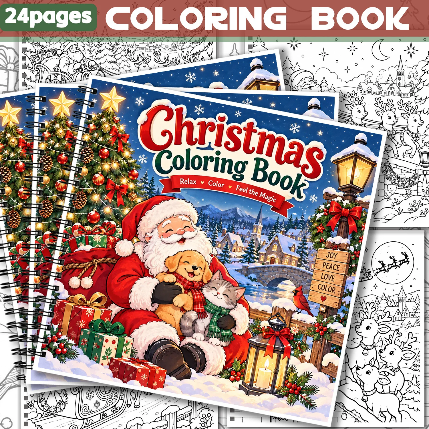 Spiral Christmas Coloring Book Featuring Santa Claus & Winter Village Scene, 24Pages Showcasing Creativity & Relieving Stress