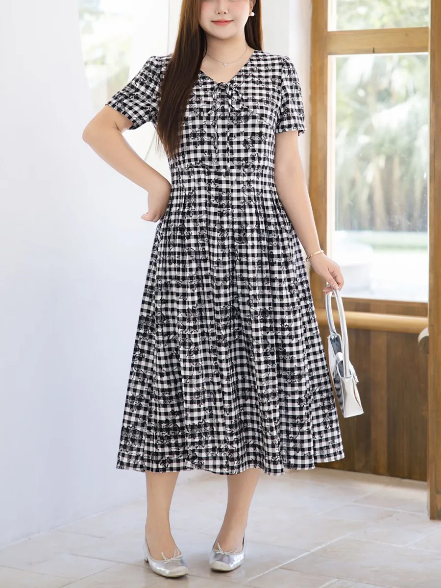 

Plaid Rose Print V-neck Dress Plus Size Women Commuter French Short Sleeve Pleated A-line Dresses 9104