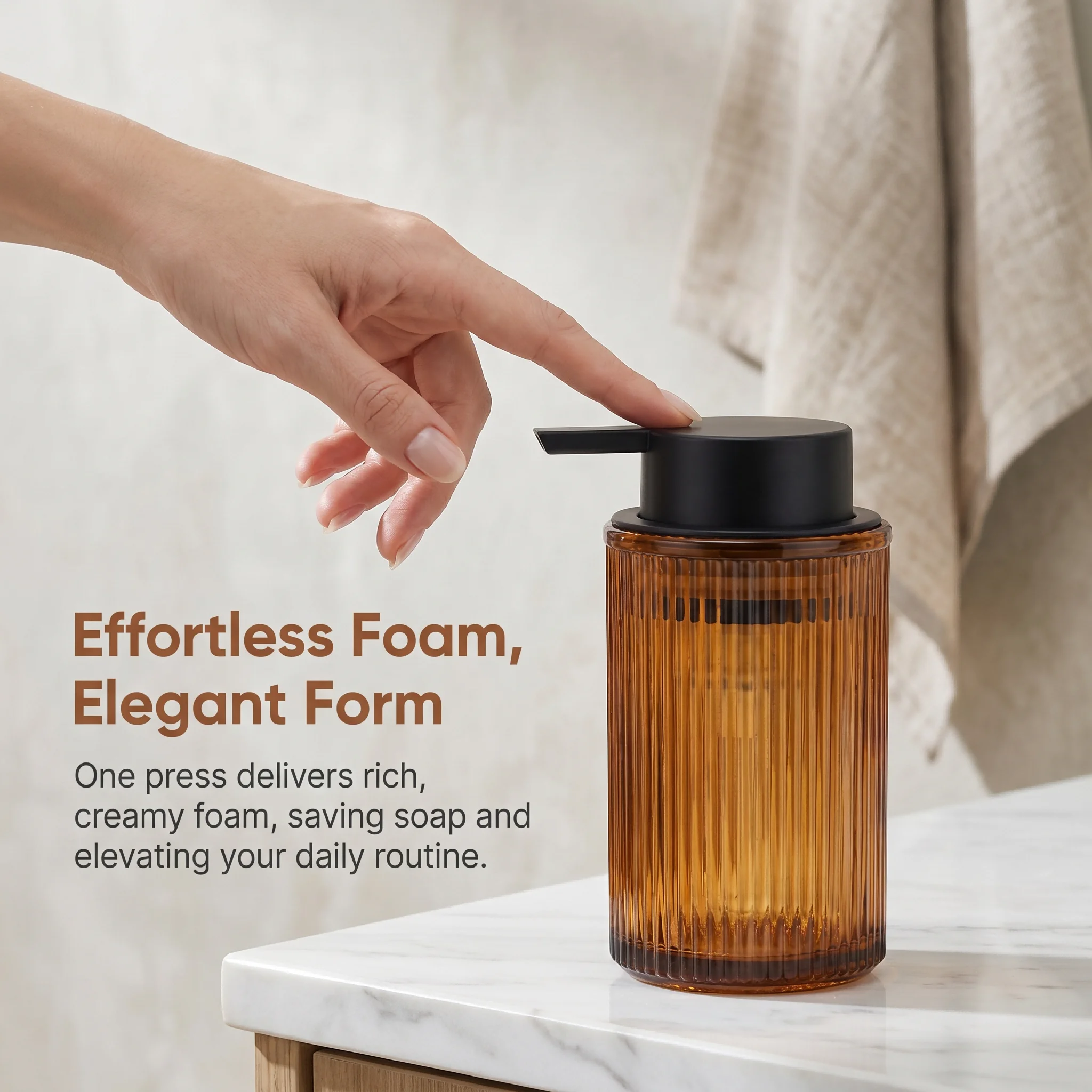 Vintage Amber Brown Glass Foam Soap Dispenser with a Matte Black Pump Head, Suitable for Bathroom and Kitchen Countertop Styling