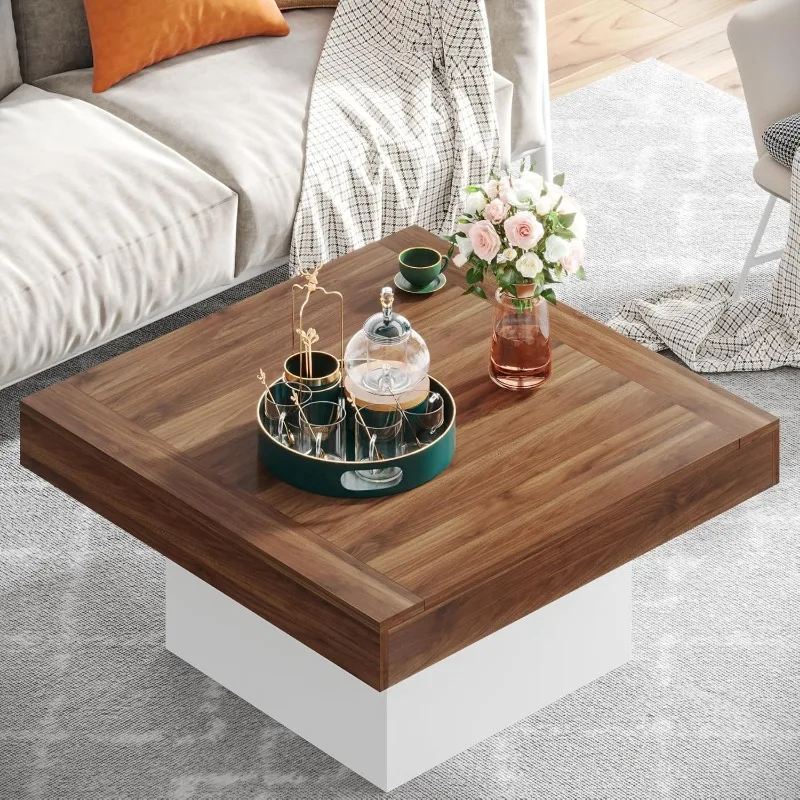 Tavolino da caffè Tavolino quadrato a LED Tavolino basso in legno ingegnerizzato per soggiorno (marrone retrò+bianco)