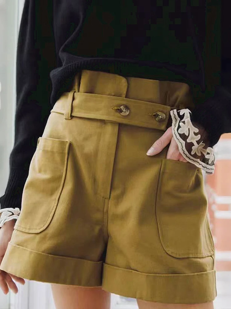 

High Waist Belted Wide Leg Pocket Short Pants Spring Summer Pure Color Slimming Fashion Ladies Casual Straight Cotton Trousers