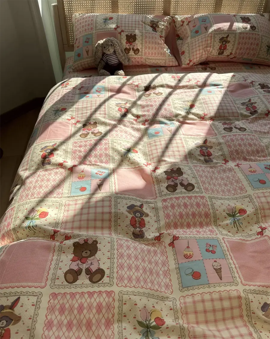 Cute cartoon bear bedding set teen girl,twin full queen king lovely vintage cotton home textile bed sheet pillowcase quilt cover