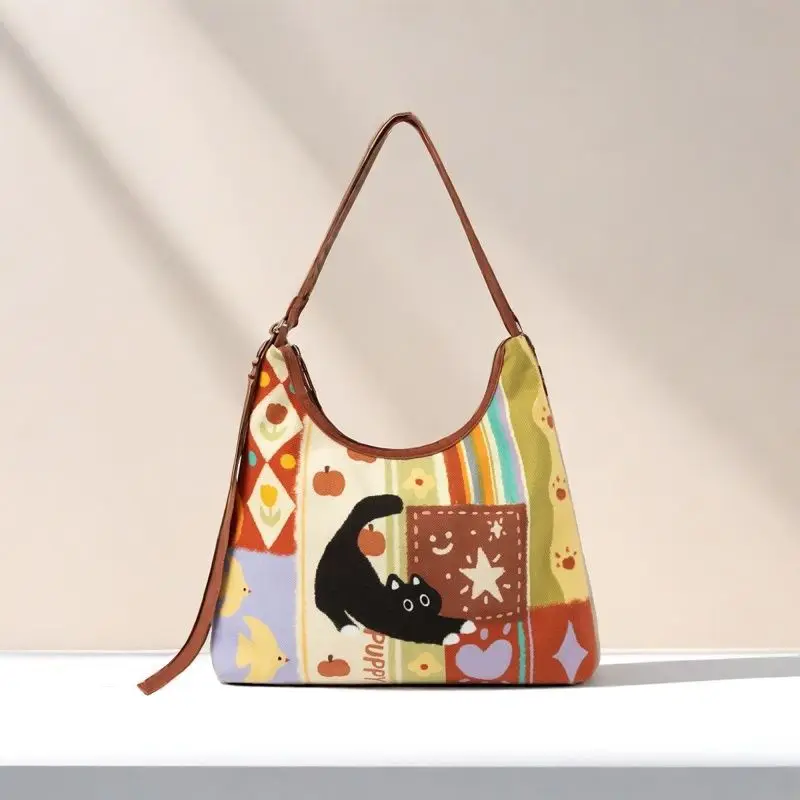 Image of Neue kreative Collage, supersüße Einzel-Umhängetasche, entzückende Katze, Reißverschluss, faule Segeltuchtasche, kulturelles kreatives Geschenk, Umhängetasche