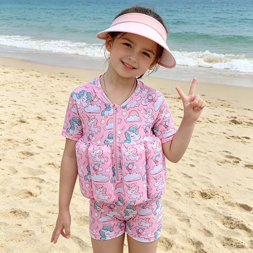 Cute Girls Buoyancy Swimsuit with Zipper Toddler 1 to 2 3 4 5 6 Years Pink Short Sleeve Unicorn Girl Kids Floating Swiming Suit