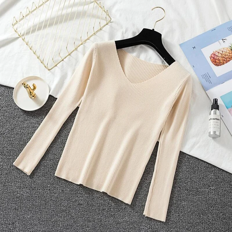 Zoki New  Women Sweater Autumn Long Sleeve Pullover Basic Top Fashion V-neck Elastic Female Winter Solid Knitted Jumper