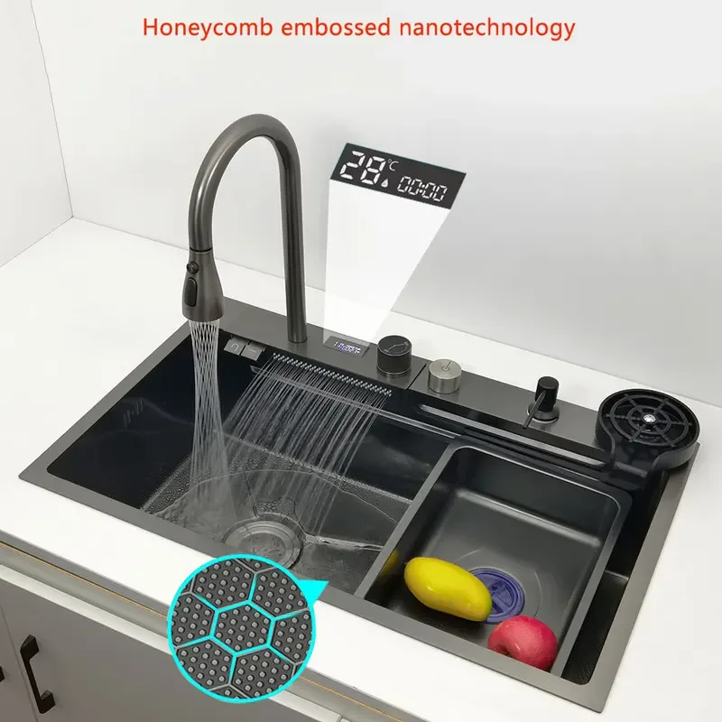 Left drain kitchen sink LED display waterfall faucet honeycomb nano wear-resistant and scratch-resistant button control drainage