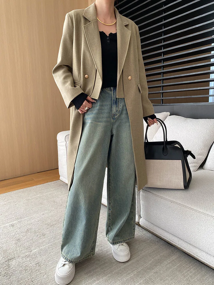 [EAM] Women Khaki Irregular Spliced Long Big Size Blazer New Lapel Long Sleeve Jacket Fashion Tide Spring Autumn 2024  1DH6851