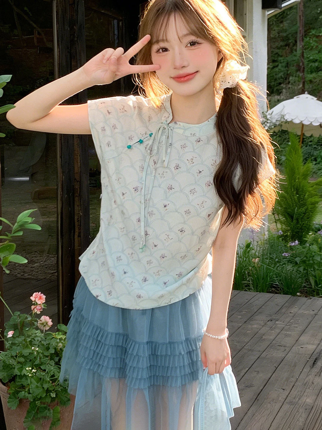 

New Chinese Style Short Women's Top And Skirt Set Summer 2026 Breathable Mesh Cake Half Skirt Two Piece Set Clean Fit High Waist