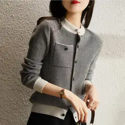 Knitting Cardigan Coat Women Autumn Winter Vintage All-match Long Sleeve Sweater Fashion Striped O-neck Simplicity Knitwear Tops