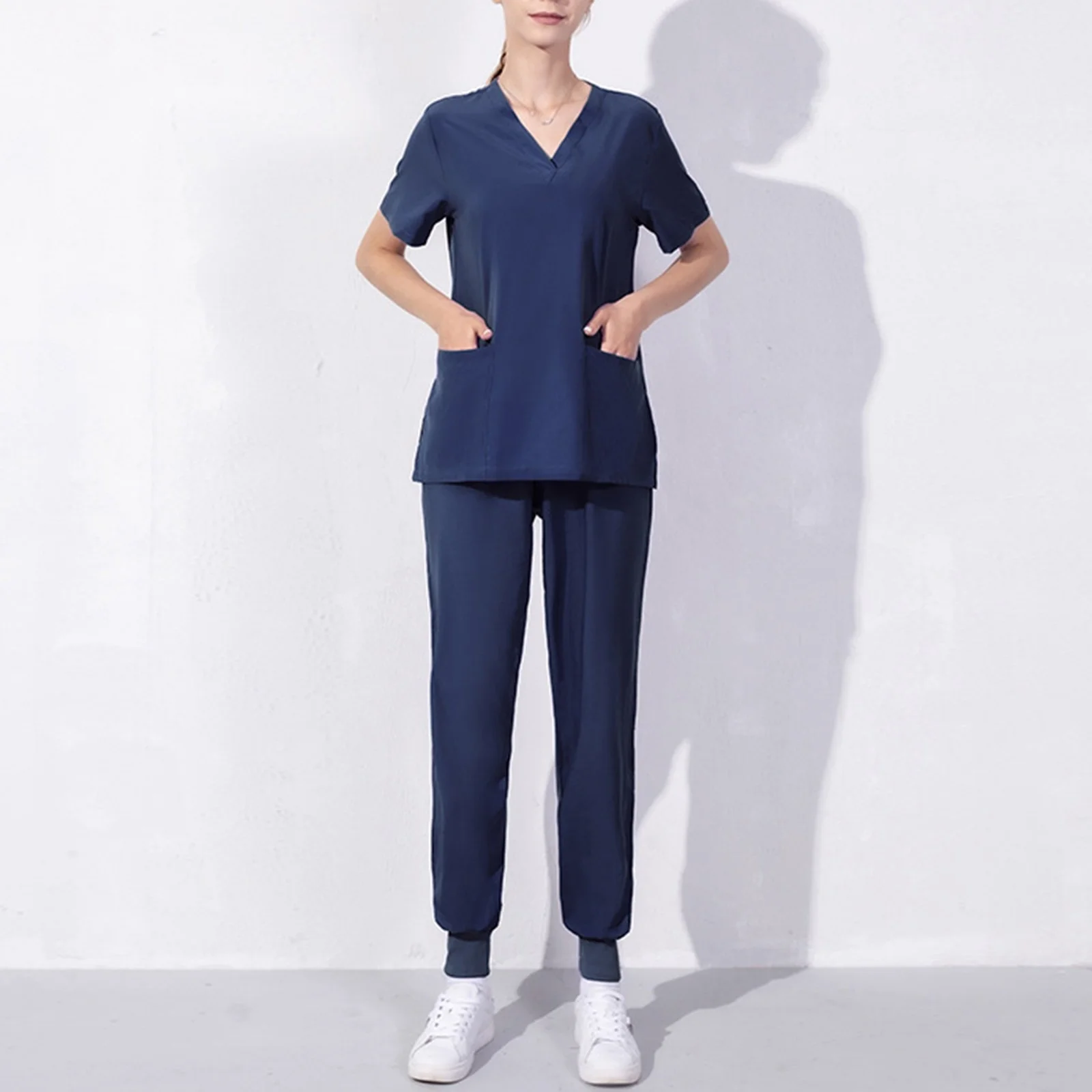 Nursing Uniforms Two Piece Unisex Shorts Scrub Sets Sleeve Pocket Top Tee Loose Pants Beauty Salon Workwear Overalls Plus Size