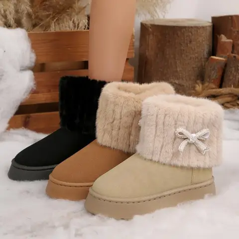 Botas de nieve todo en uno de piel de gran tamaño para mujer, lindas botas de nieve de piel con lazo para mujer, botas cortas cálidas y antideslizantes de invierno
