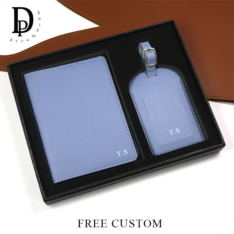 

Custom Letters Passport Holder Set With Box Engrave Initials Luxury PU Leather Luggage Tag Wholesale Wedding Gift Travel Gift