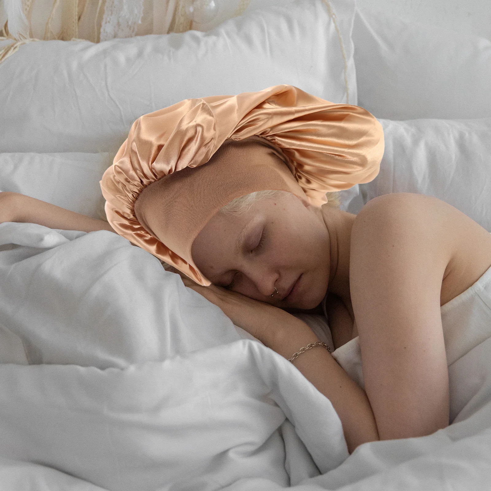 

2Pcs High Elastic Headband Durable Satin Elastic Fabric Sleep Hat for Women Chemo Patients Anti Crease Bonnet