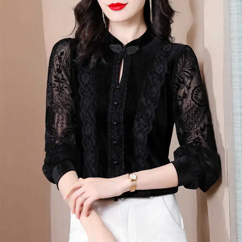 Gold velvet shirt ladies autumn and winter 2023 new black chic fashion foreign clothes small shirt long sleeve v neck blouse